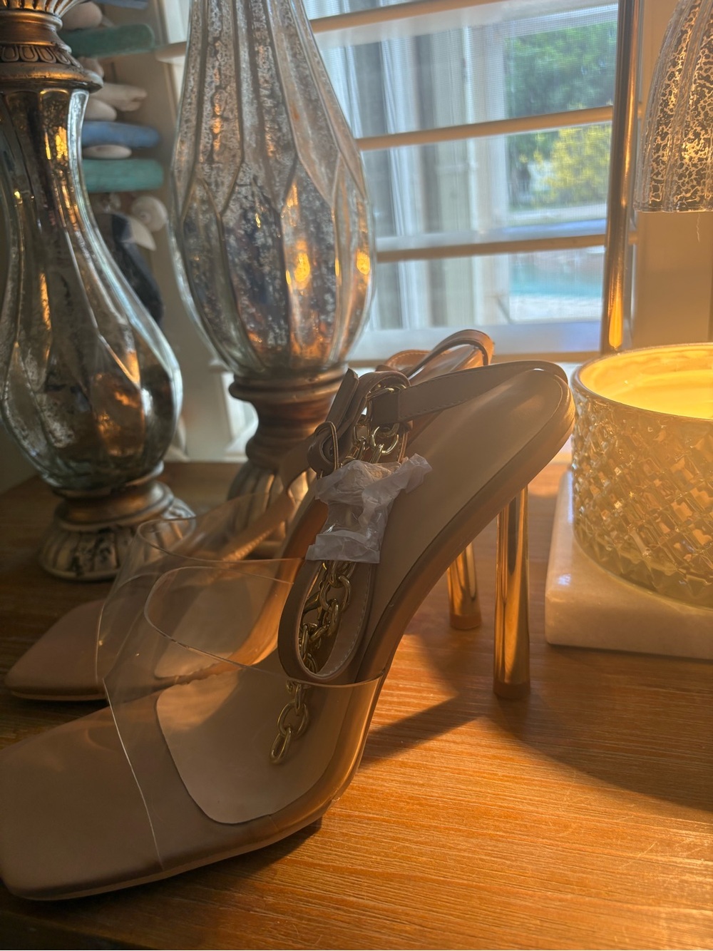 Sexytag Clear Strap Nude High Heel Sandals with Gold Chain Accent - size 11 NIB